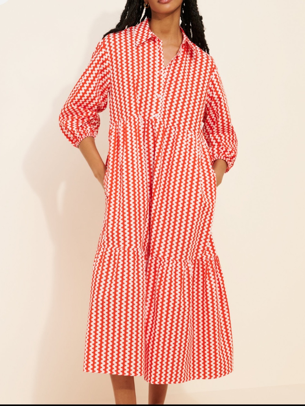 Anthropologie Maeve Bettina Tiered Midi Shirt Dress Pockets Collar 100% Cotton L